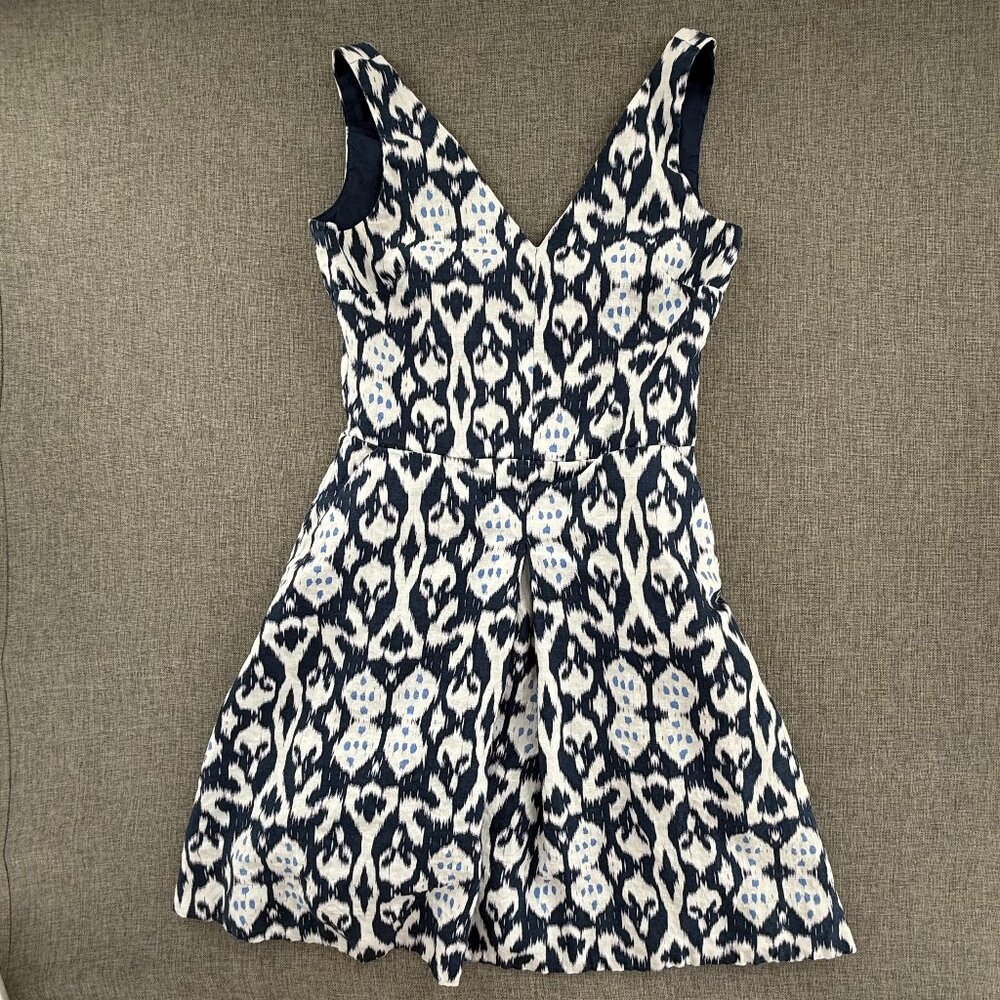 Gap Fit & Flare Dress Blue & White Sleeveless Lined Cotton & Linen Side Zipper 0